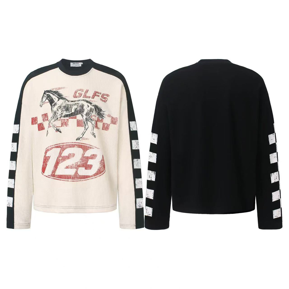 Color Block Skeleton Horse Racing Graphic Waffle Knit Long Sleeve