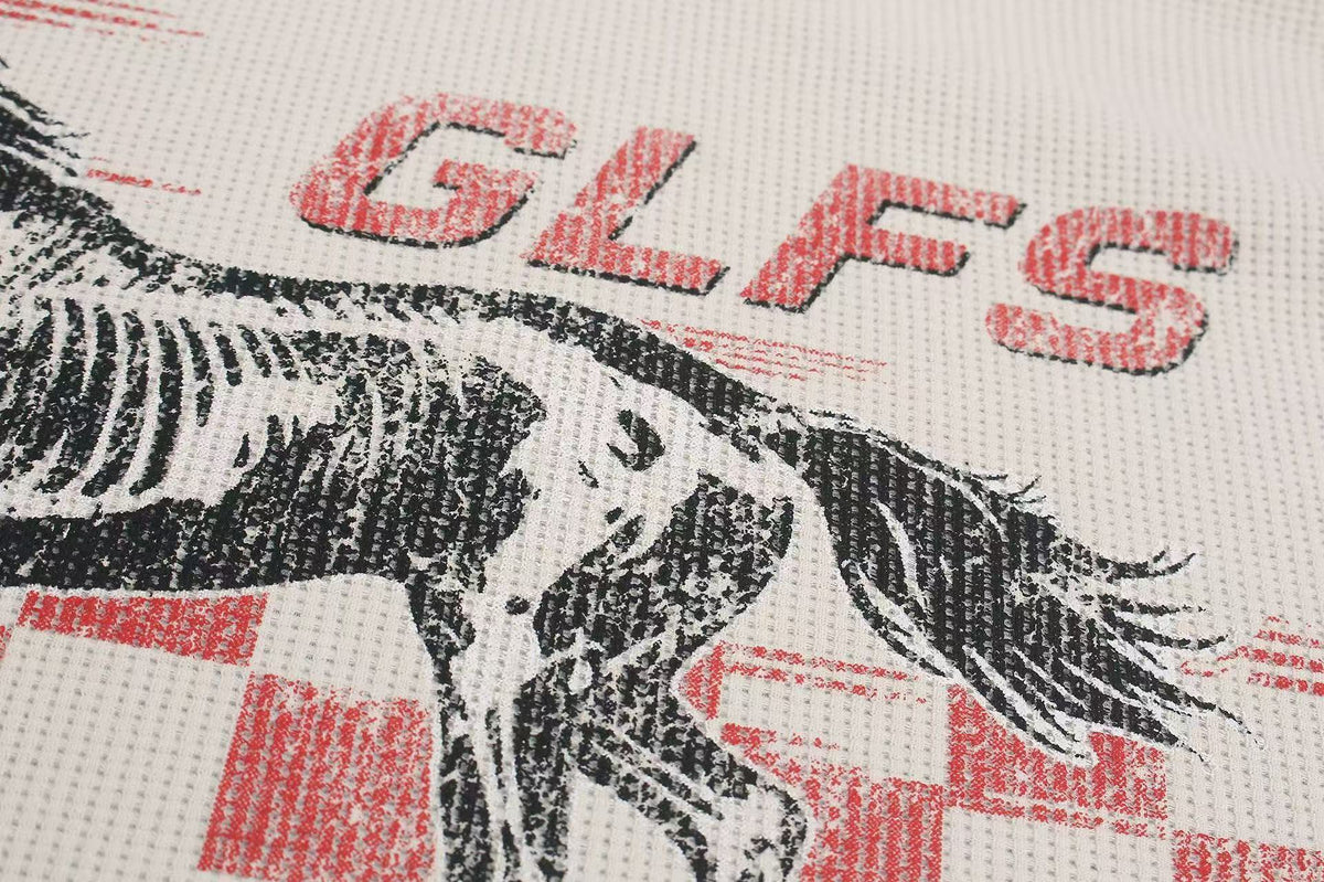 Color Block Skeleton Horse Racing Graphic Waffle Knit Long Sleeve