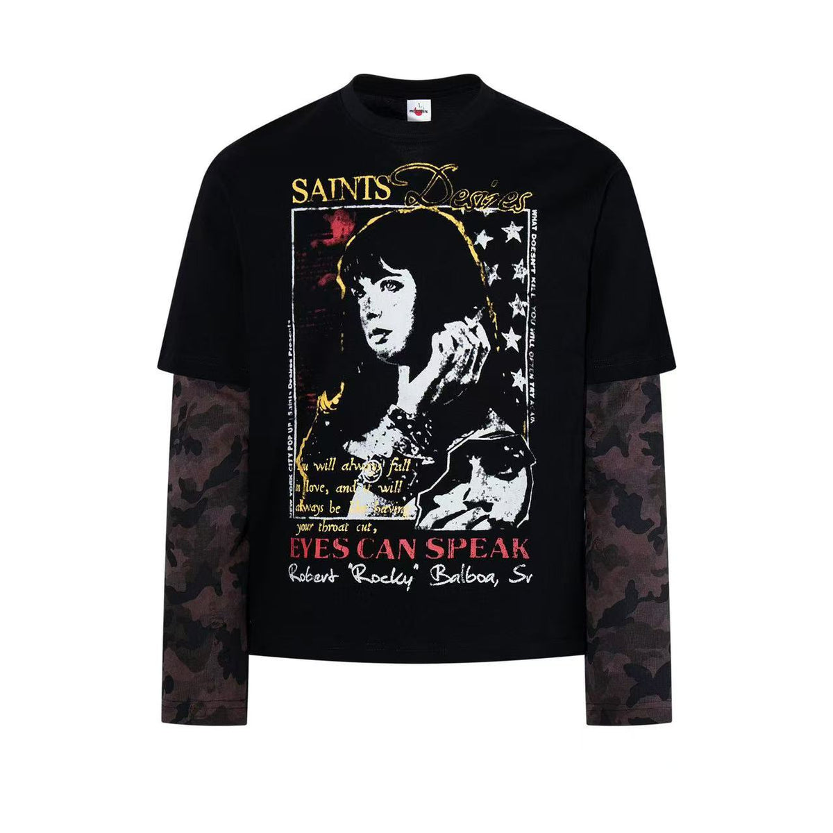 Vintage Poster Portrait Camo Sleeve Fake Two-Piece Long Sleeve