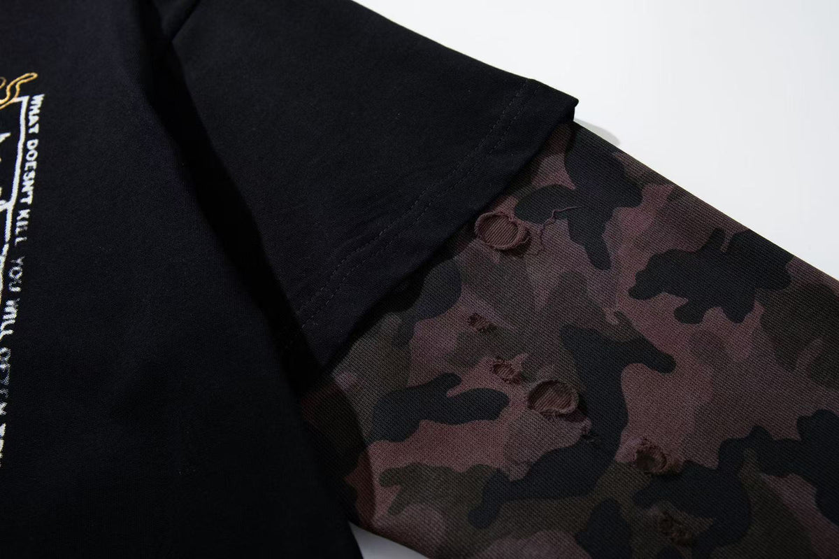 Vintage Poster Portrait Camo Sleeve Fake Two-Piece Long Sleeve