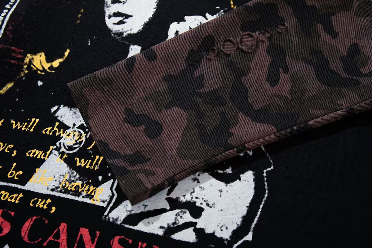 Vintage Poster Portrait Camo Sleeve Fake Two-Piece Long Sleeve