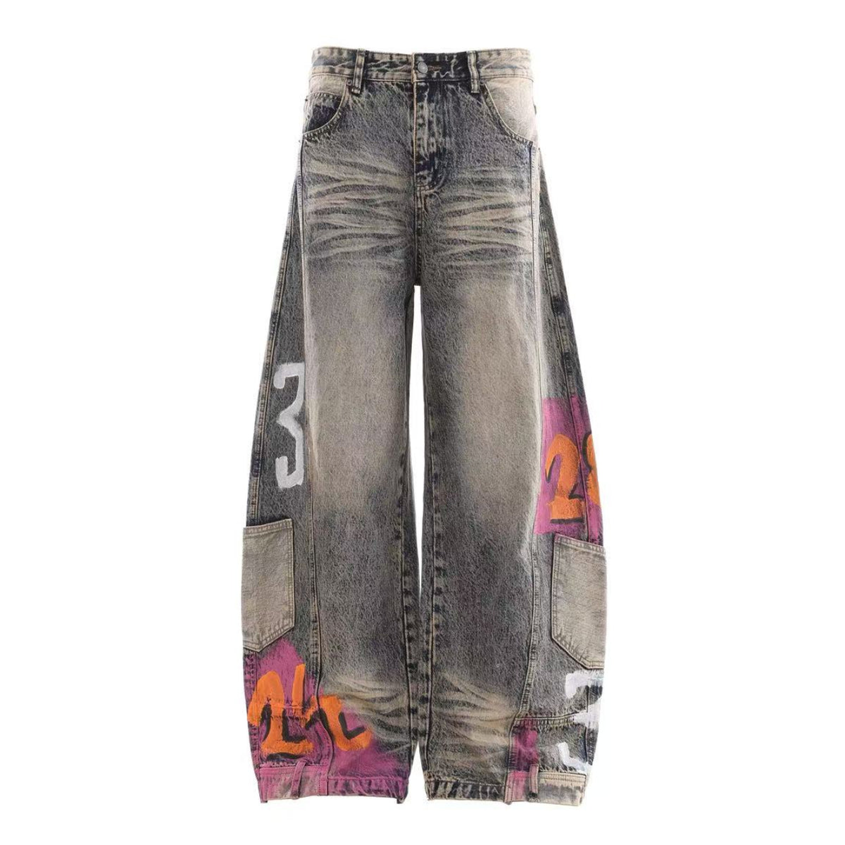 Vintage Washed Graffiti Number Print Multi Patch Pocket Baggy Wide Leg Jeans