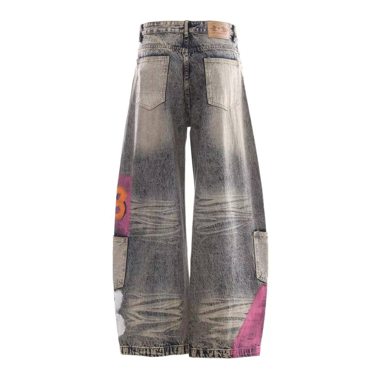 Vintage Washed Graffiti Number Print Multi Patch Pocket Baggy Wide Leg Jeans