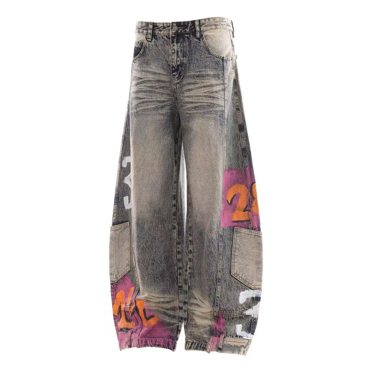 Vintage Washed Graffiti Number Print Multi Patch Pocket Baggy Wide Leg Jeans