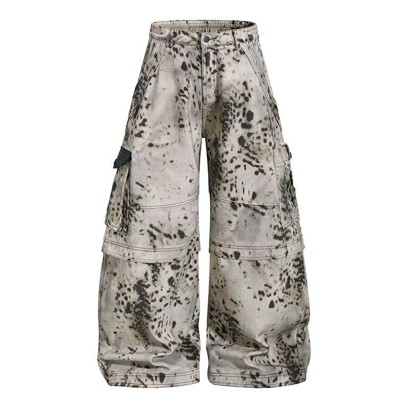 Vintage Speckled Splash Print Multi-Pocket Baggy Wide-Leg Cargo Pants