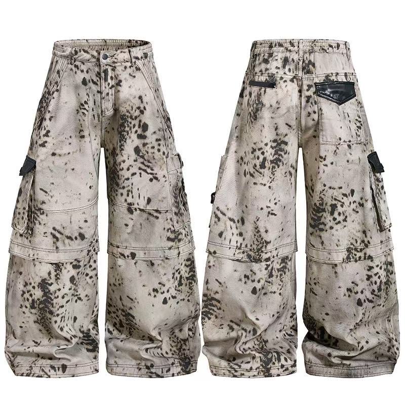 Vintage Speckled Splash Print Multi-Pocket Baggy Wide-Leg Cargo Pants