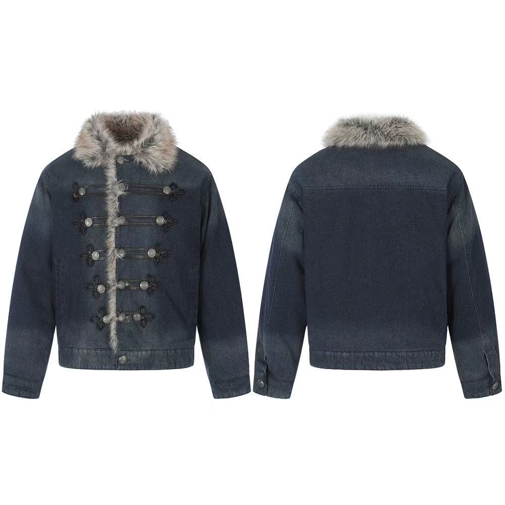 Faux Fur Collar & Frog Toggle Buttons Vintage Washed Denim Jacket