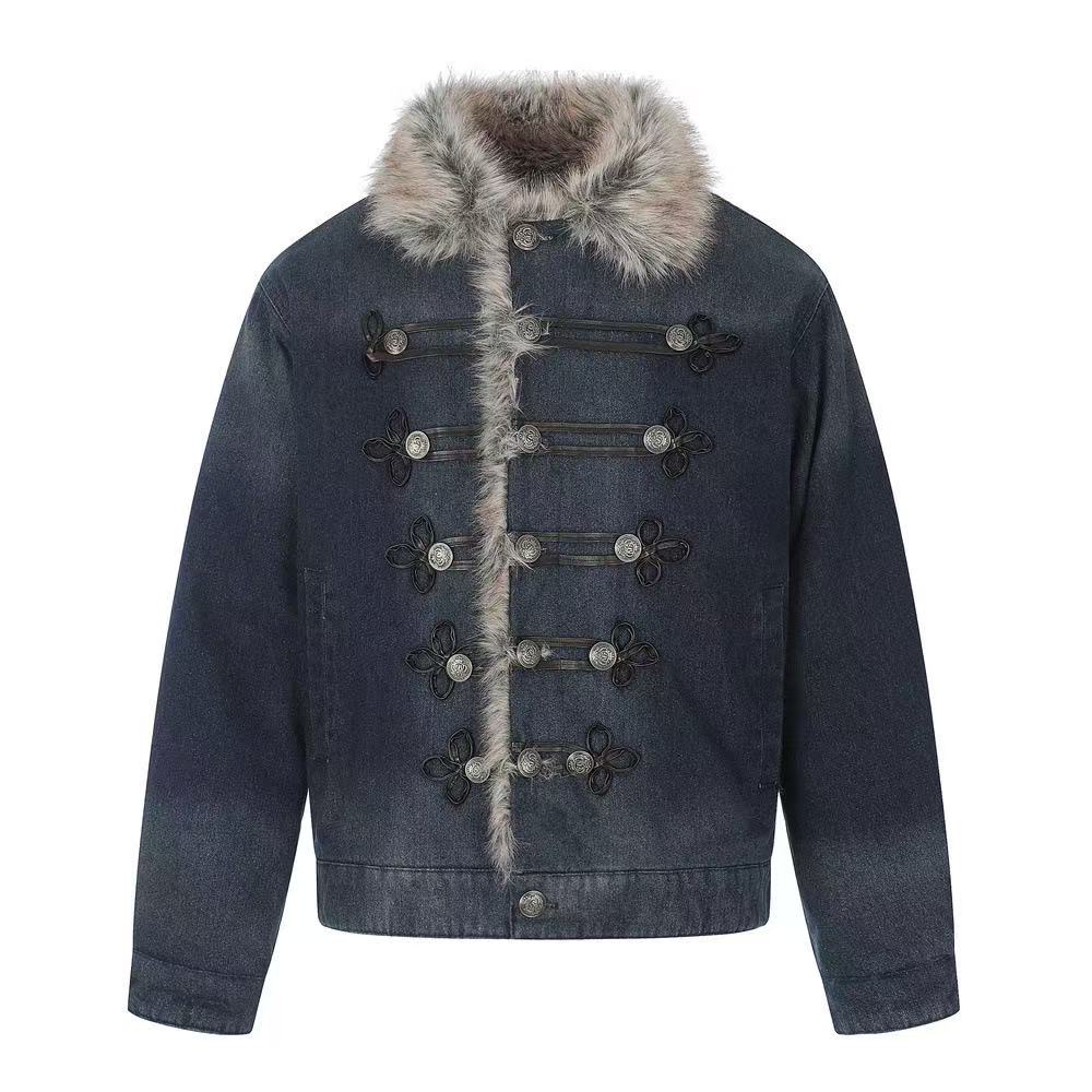 Faux Fur Collar & Frog Toggle Buttons Vintage Washed Denim Jacket