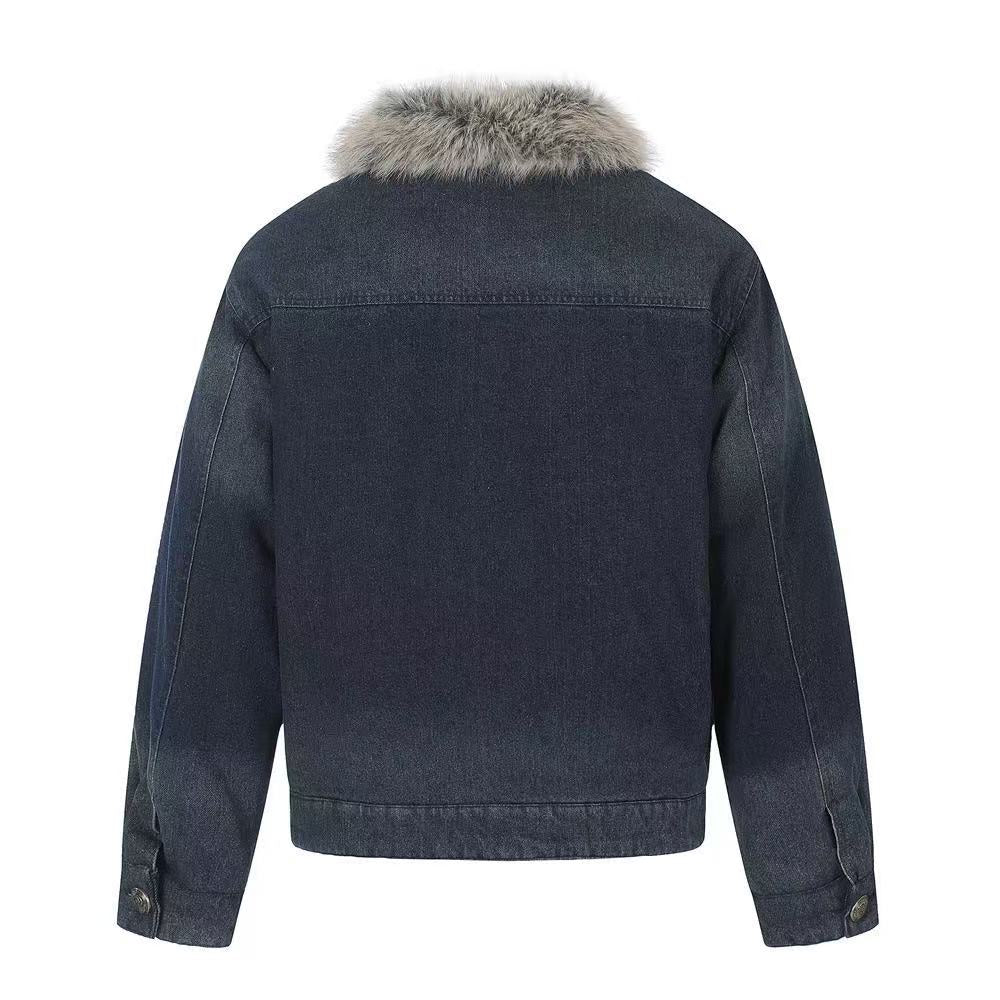 Faux Fur Collar & Frog Toggle Buttons Vintage Washed Denim Jacket