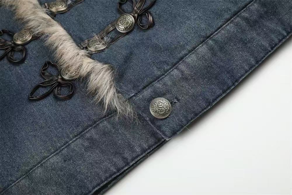 Faux Fur Collar & Frog Toggle Buttons Vintage Washed Denim Jacket