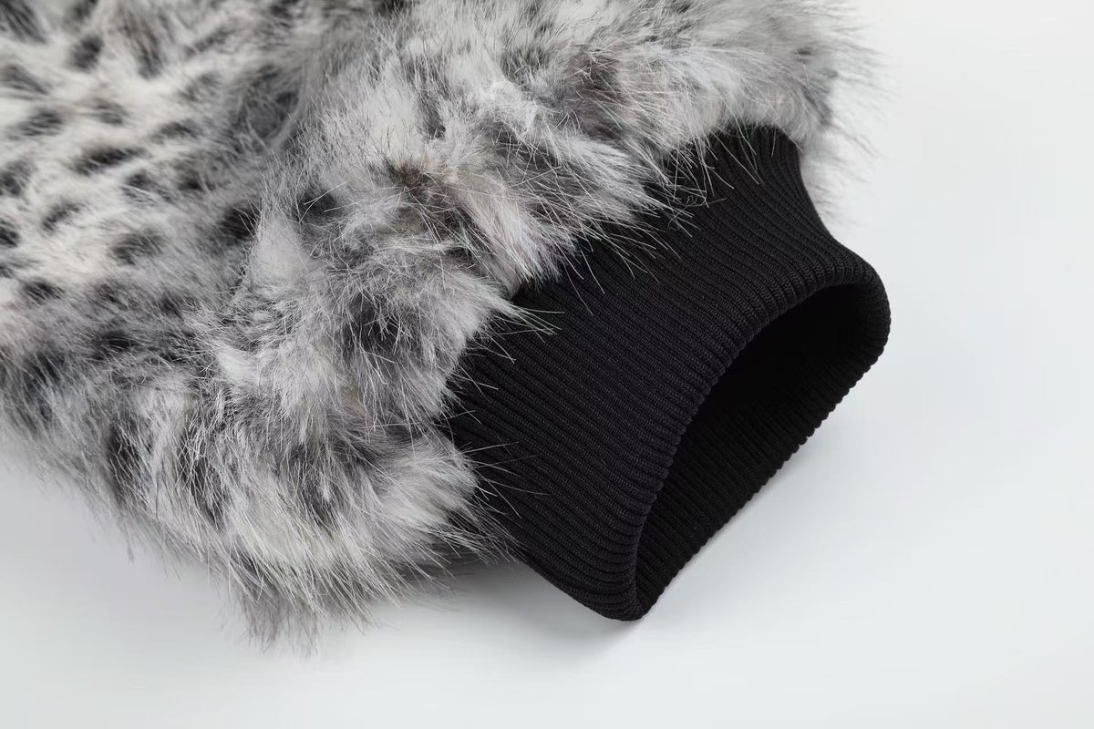 Snow Leopard Print Faux Fur Zip Up Stand Collar Bomber Jacket