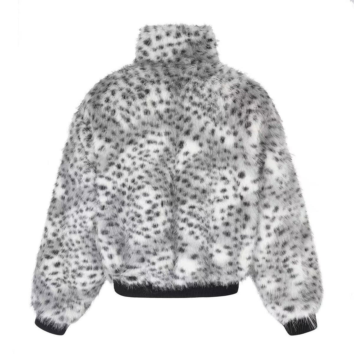 Snow Leopard Print Faux Fur Zip Up Stand Collar Bomber Jacket