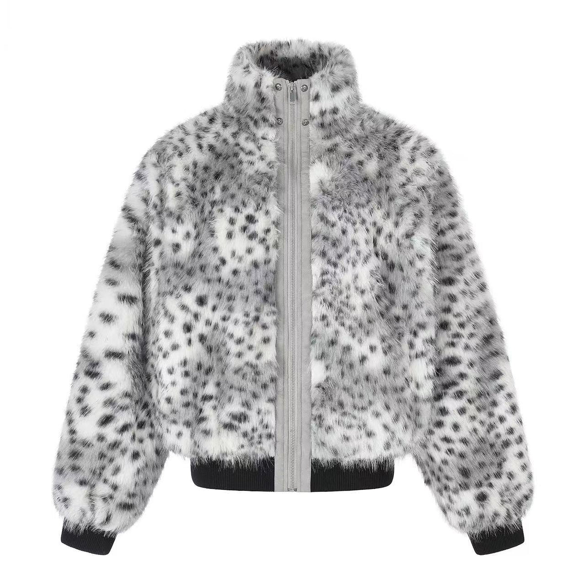 Snow Leopard Print Faux Fur Zip Up Stand Collar Bomber Jacket