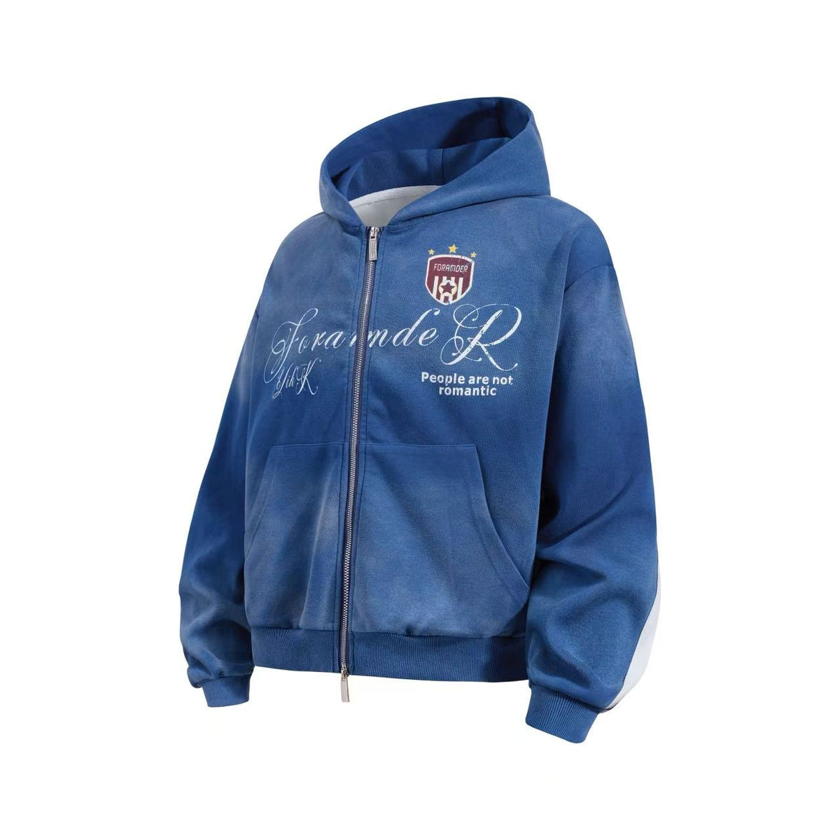 (Pre-Sell)Vintage Washed Distressed Crest Embroidered Letter Print Zip Up Hoodie