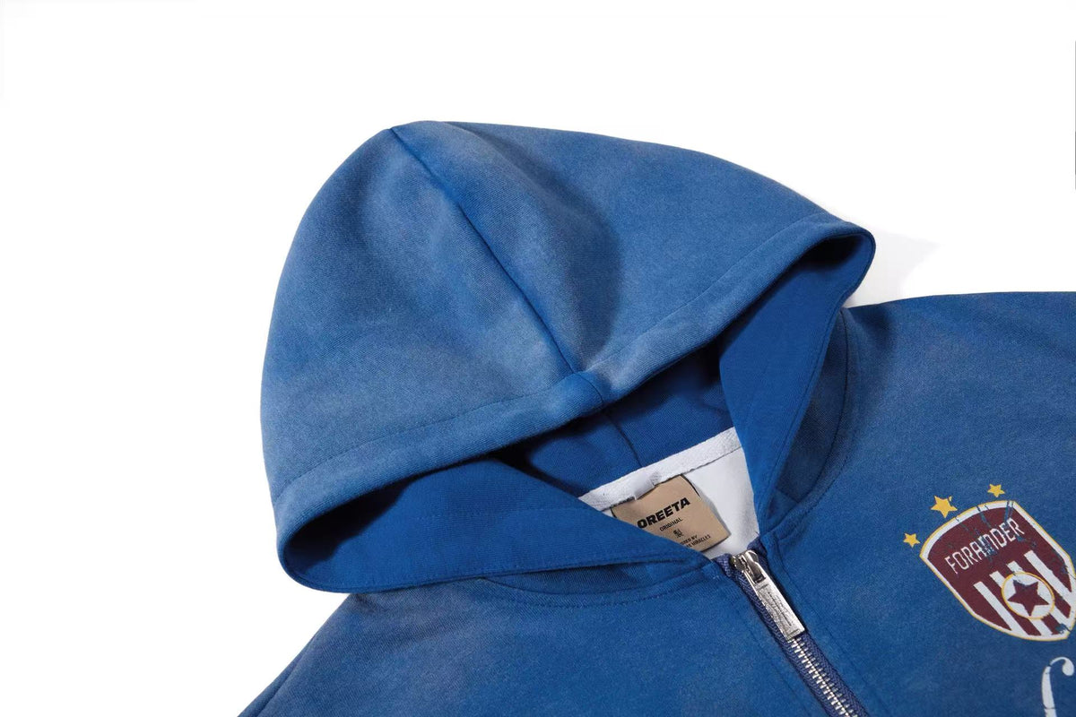 (Pre-Sell)Vintage Washed Distressed Crest Embroidered Letter Print Zip Up Hoodie