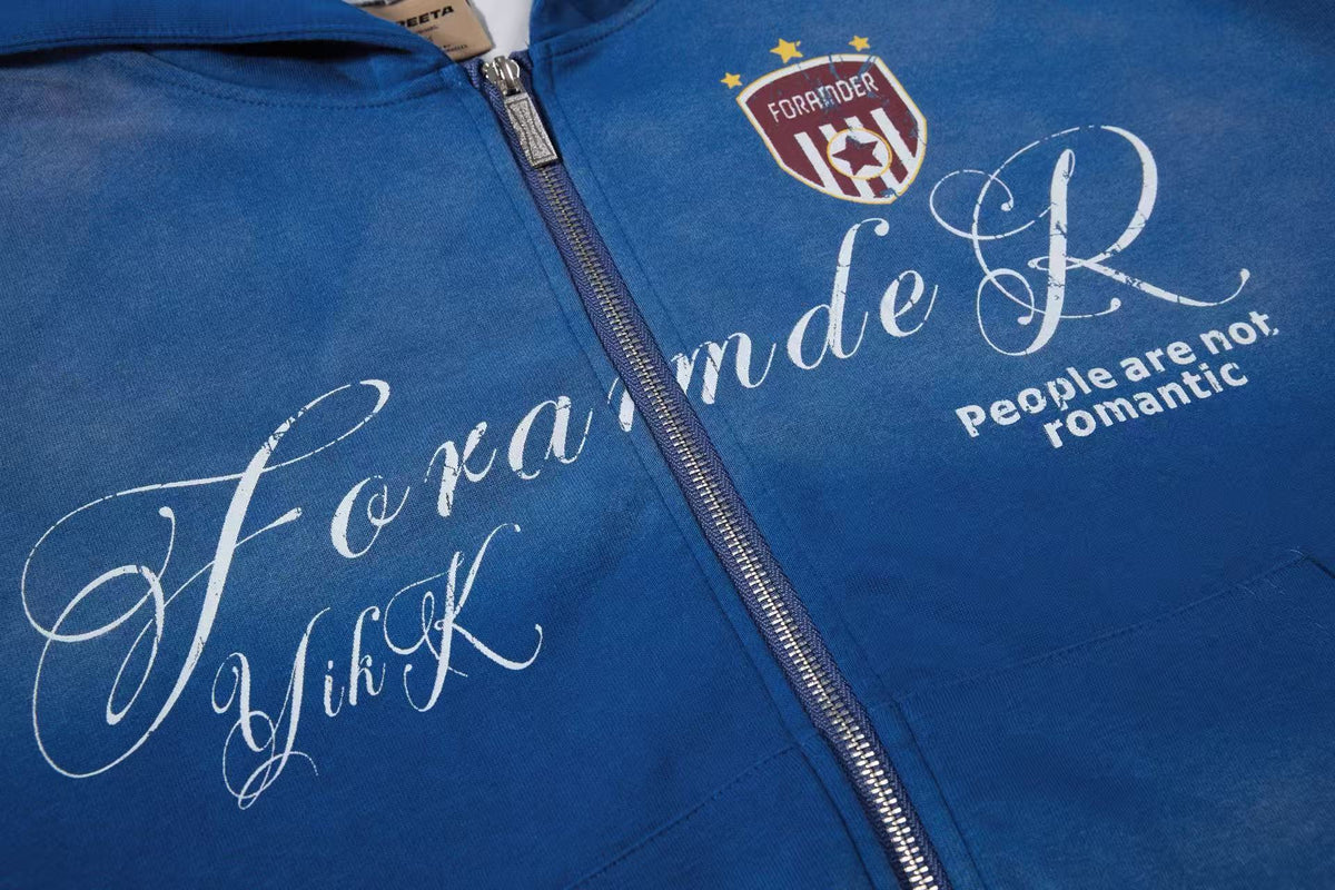 (Pre-Sell)Vintage Washed Distressed Crest Embroidered Letter Print Zip Up Hoodie