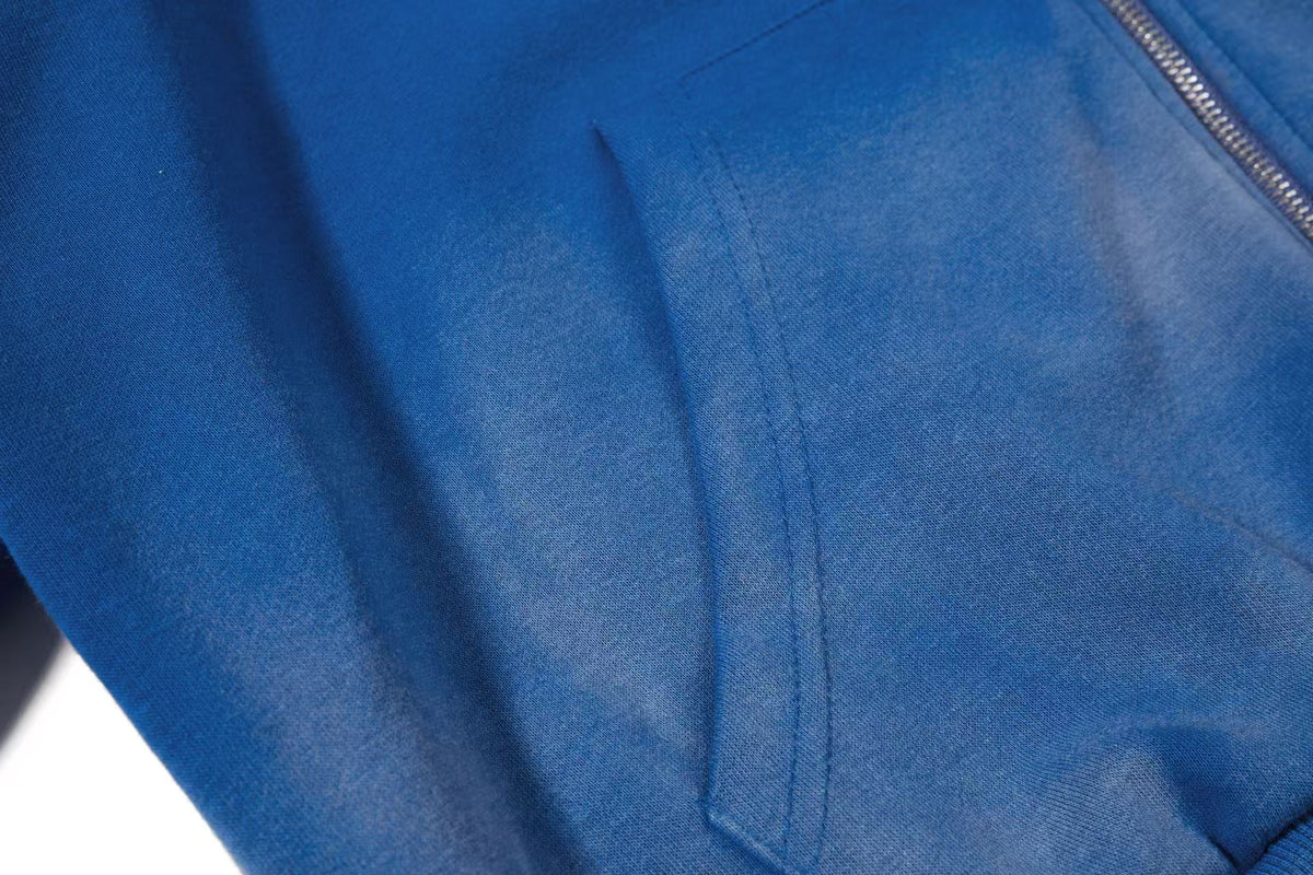 (Pre-Sell)Vintage Washed Distressed Crest Embroidered Letter Print Zip Up Hoodie