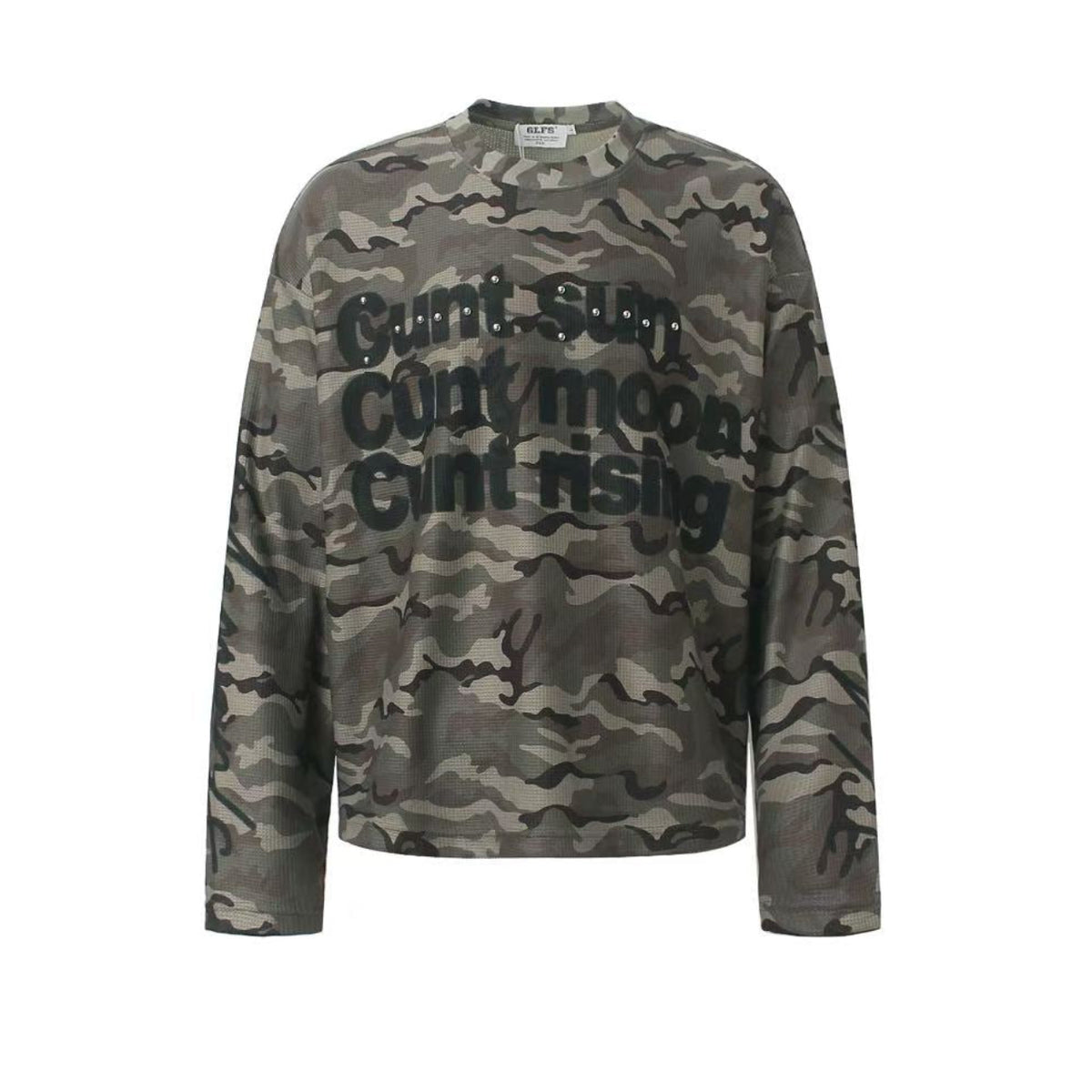 Vintage Camo Crew Neck Rivet Decor Waffle Knit Long Sleeve