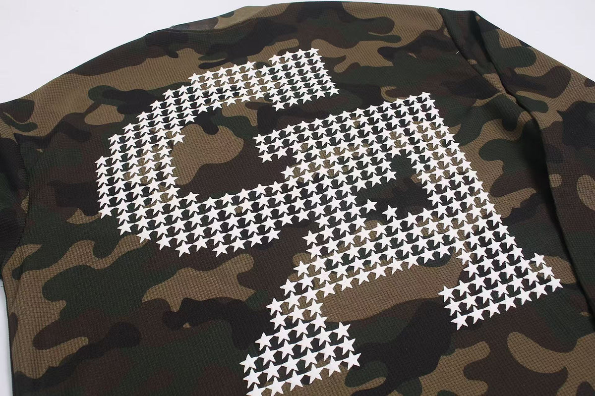 Vintage Camo Front & Back Letter Graphic Waffle Knit Long Sleeve