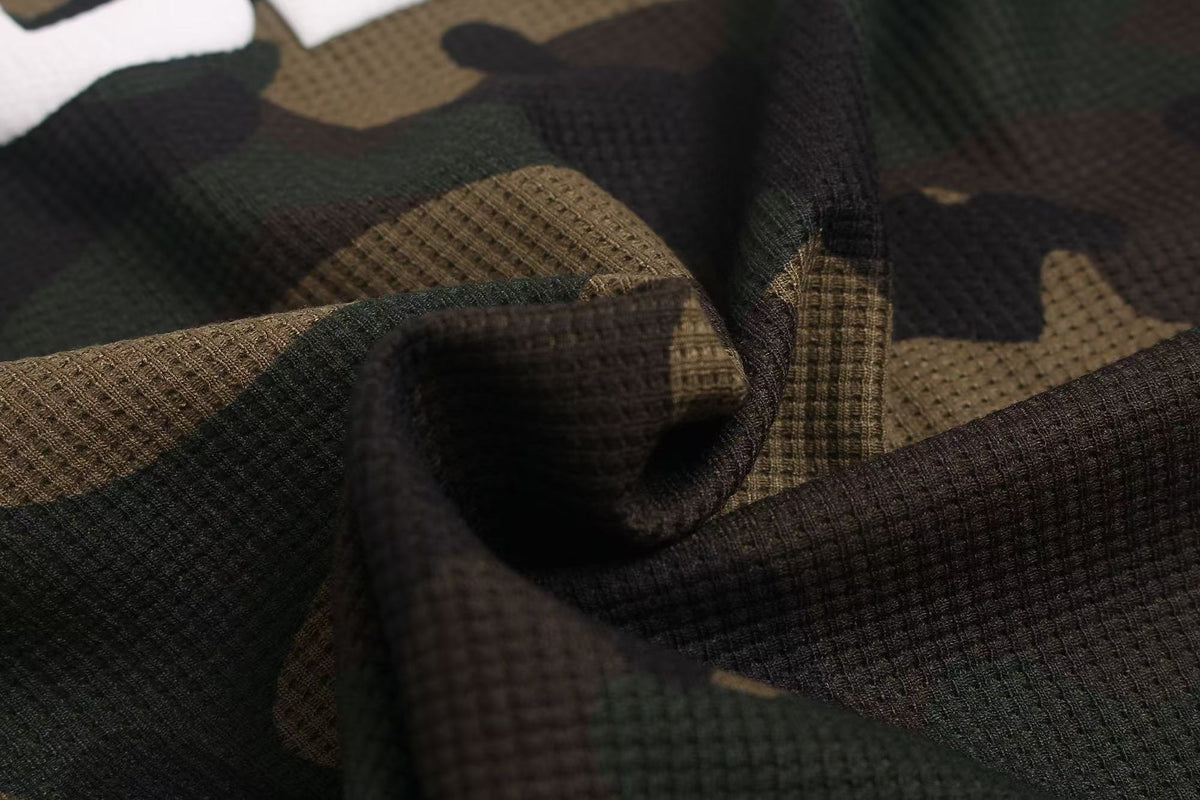 Vintage Camo Front & Back Letter Graphic Waffle Knit Long Sleeve
