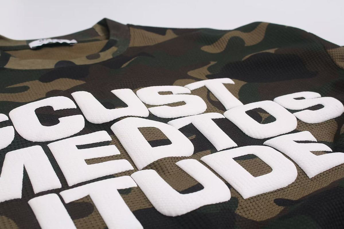 Vintage Camo Front & Back Letter Graphic Waffle Knit Long Sleeve