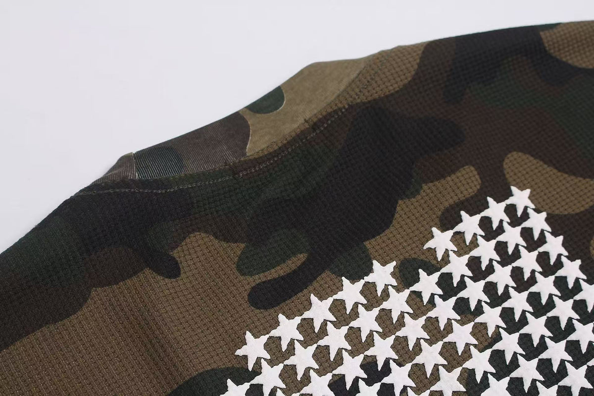 Vintage Camo Front & Back Letter Graphic Waffle Knit Long Sleeve