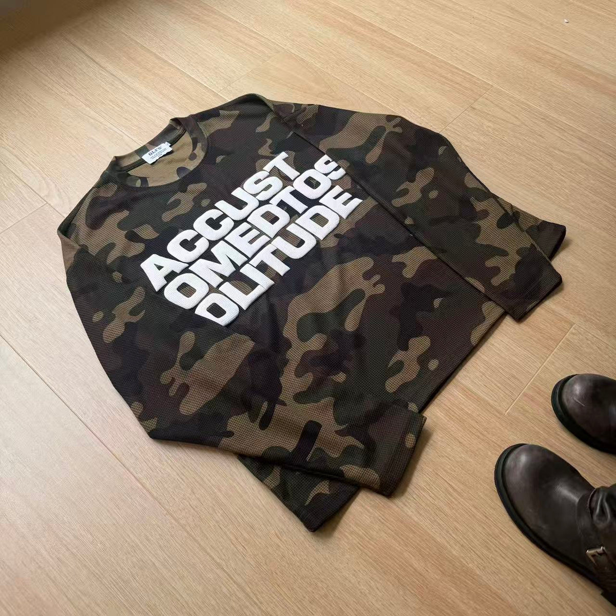 Vintage Camo Front & Back Letter Graphic Waffle Knit Long Sleeve