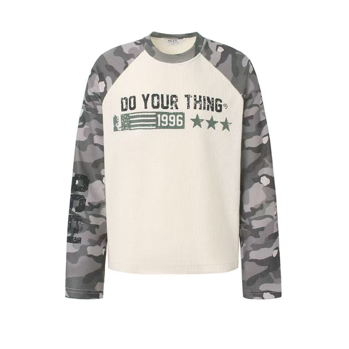 Camo Raglan Waffle Knit Letter Print Long Sleeve