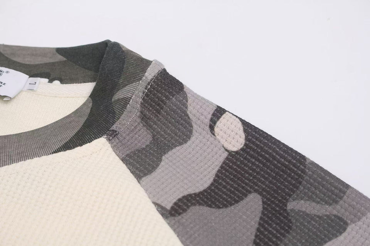 Camo Raglan Waffle Knit Letter Print Long Sleeve