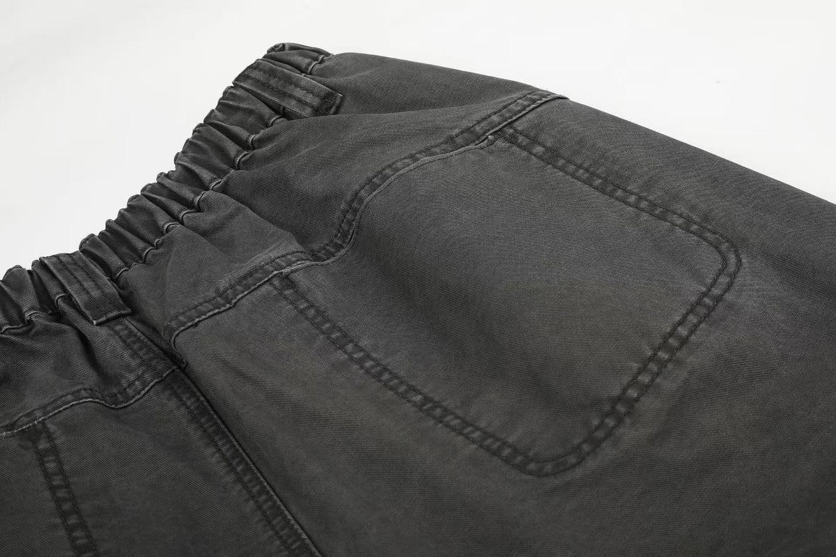 Washed Elastic Back Waist Side Flap Pocket Wide Leg Cargo Pants
