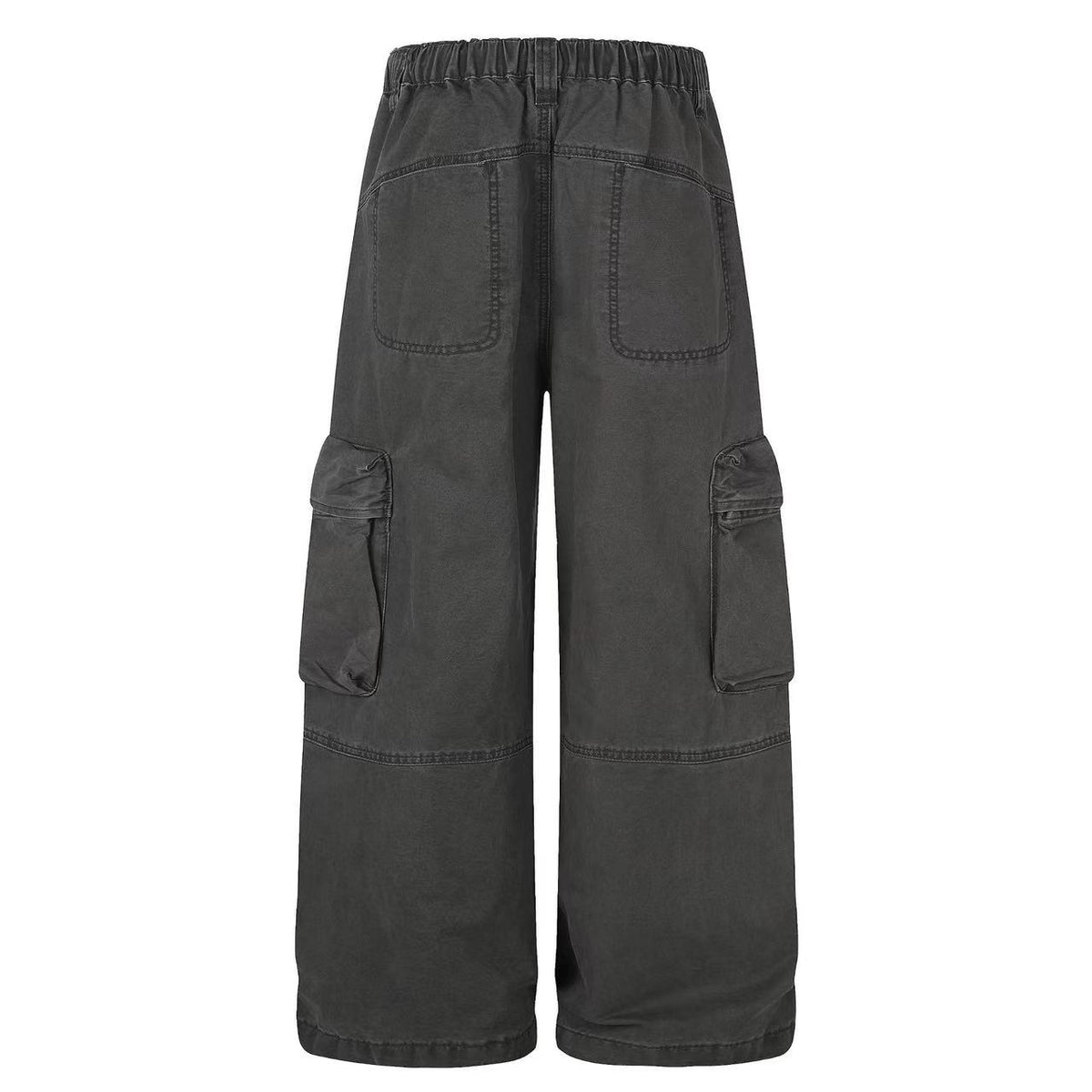 Washed Elastic Back Waist Side Flap Pocket Wide Leg Cargo Pants