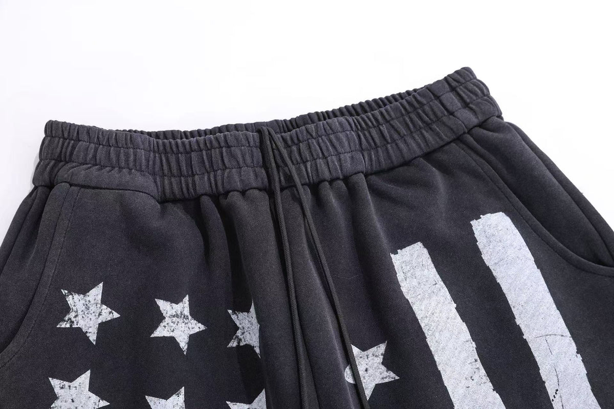 Streetwear Washed Stars and Stripes Print Wide-Leg Sweatpants