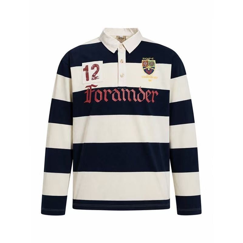 Vintage Block Stripe Number 12 Graphic Rugby Polo Long Sleeve