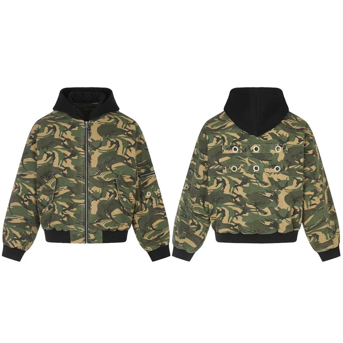 Vintage Camo Detachable Hood Bomber Jacket Zip‑Up Cargo Pocket Flight Jacket