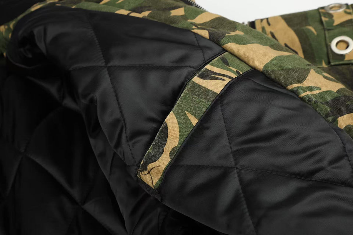 Vintage Camo Detachable Hood Bomber Jacket Zip‑Up Cargo Pocket Flight Jacket