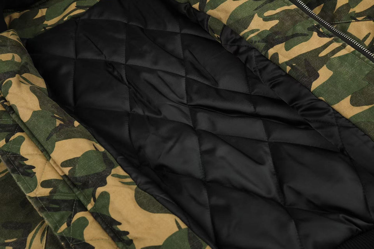 Vintage Camo Detachable Hood Bomber Jacket Zip‑Up Cargo Pocket Flight Jacket