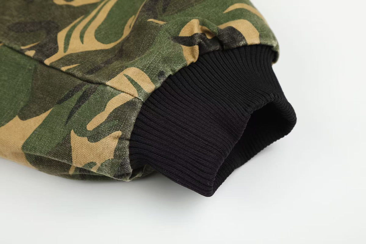 Vintage Camo Detachable Hood Bomber Jacket Zip‑Up Cargo Pocket Flight Jacket