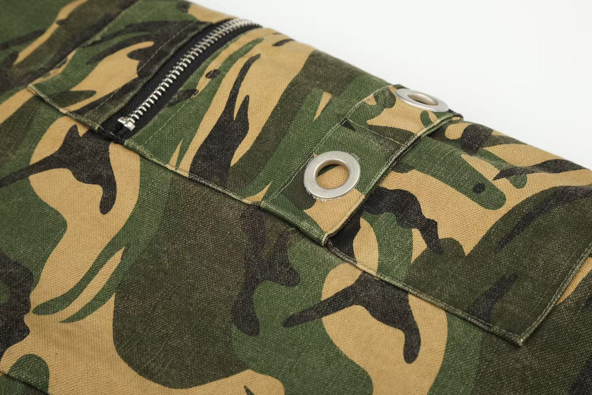 Vintage Camo Detachable Hood Bomber Jacket Zip‑Up Cargo Pocket Flight Jacket