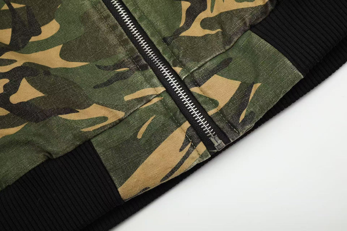 Vintage Camo Detachable Hood Bomber Jacket Zip‑Up Cargo Pocket Flight Jacket
