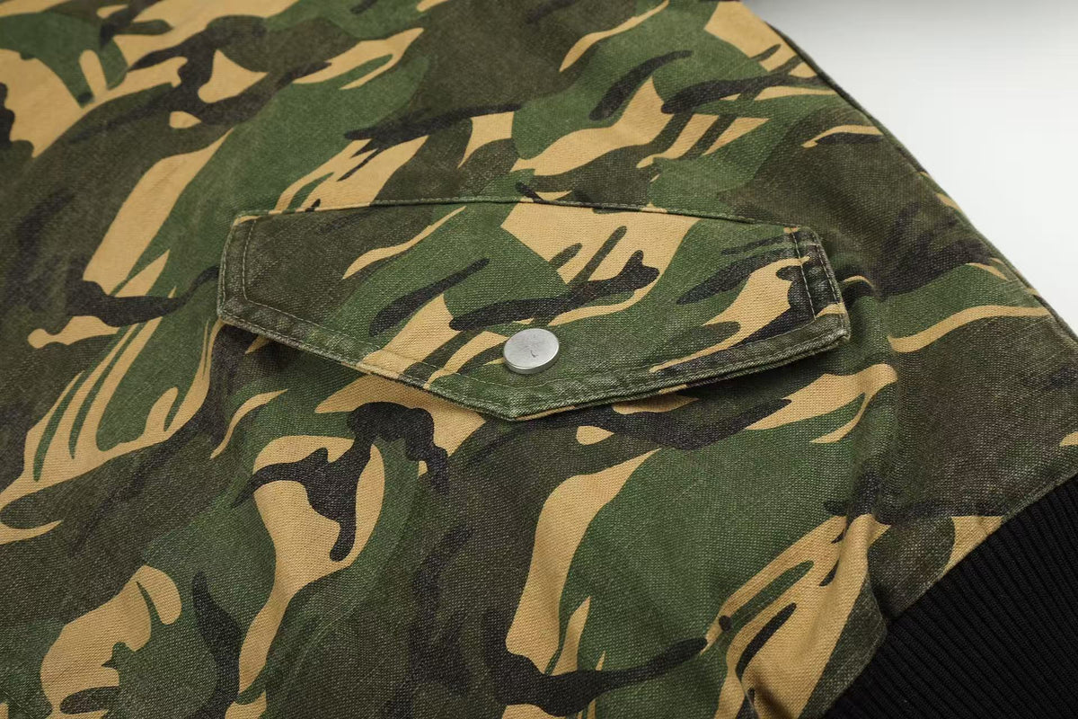 Vintage Camo Detachable Hood Bomber Jacket Zip‑Up Cargo Pocket Flight Jacket