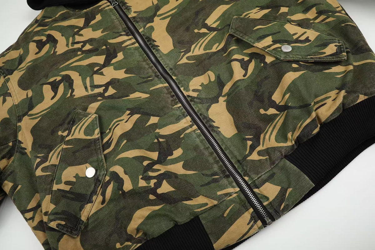 Vintage Camo Detachable Hood Bomber Jacket Zip‑Up Cargo Pocket Flight Jacket