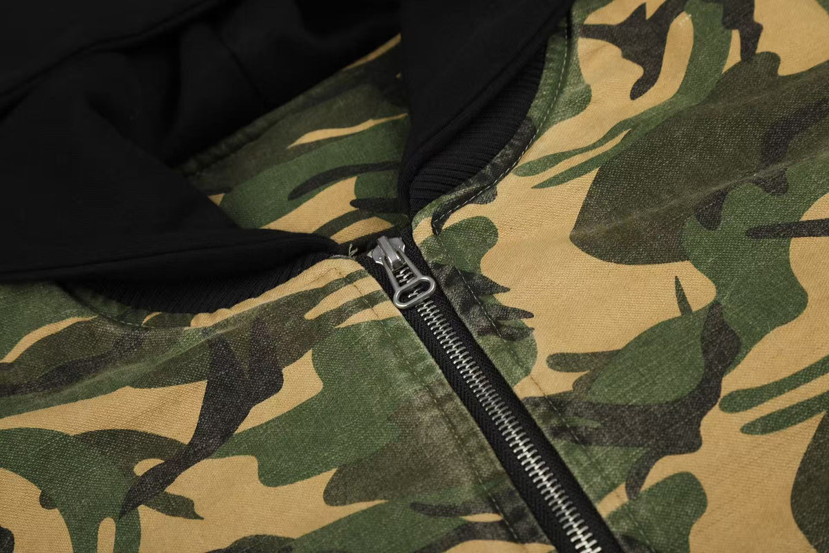 Vintage Camo Detachable Hood Bomber Jacket Zip‑Up Cargo Pocket Flight Jacket