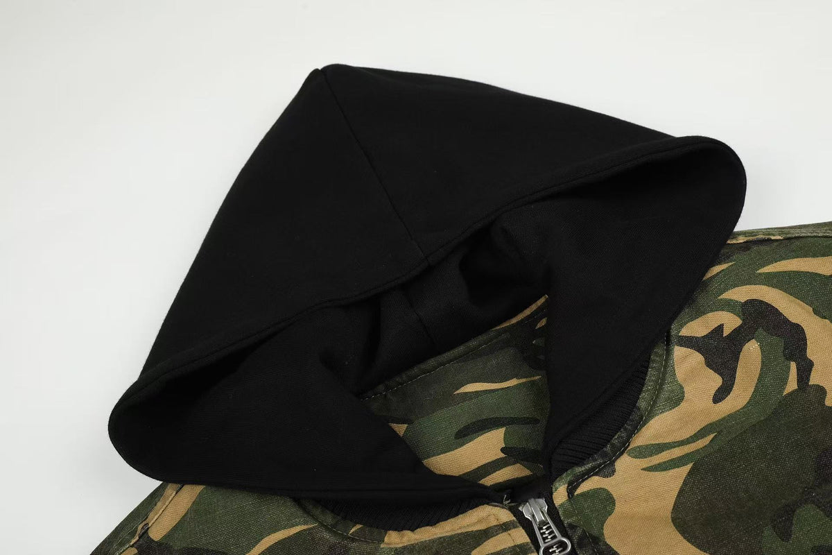 Vintage Camo Detachable Hood Bomber Jacket Zip‑Up Cargo Pocket Flight Jacket