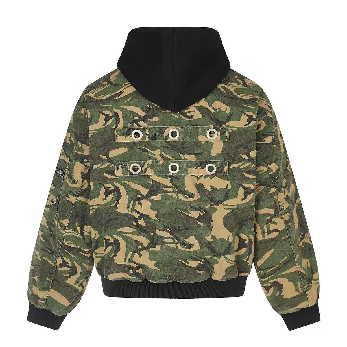 Vintage Camo Detachable Hood Bomber Jacket Zip‑Up Cargo Pocket Flight Jacket