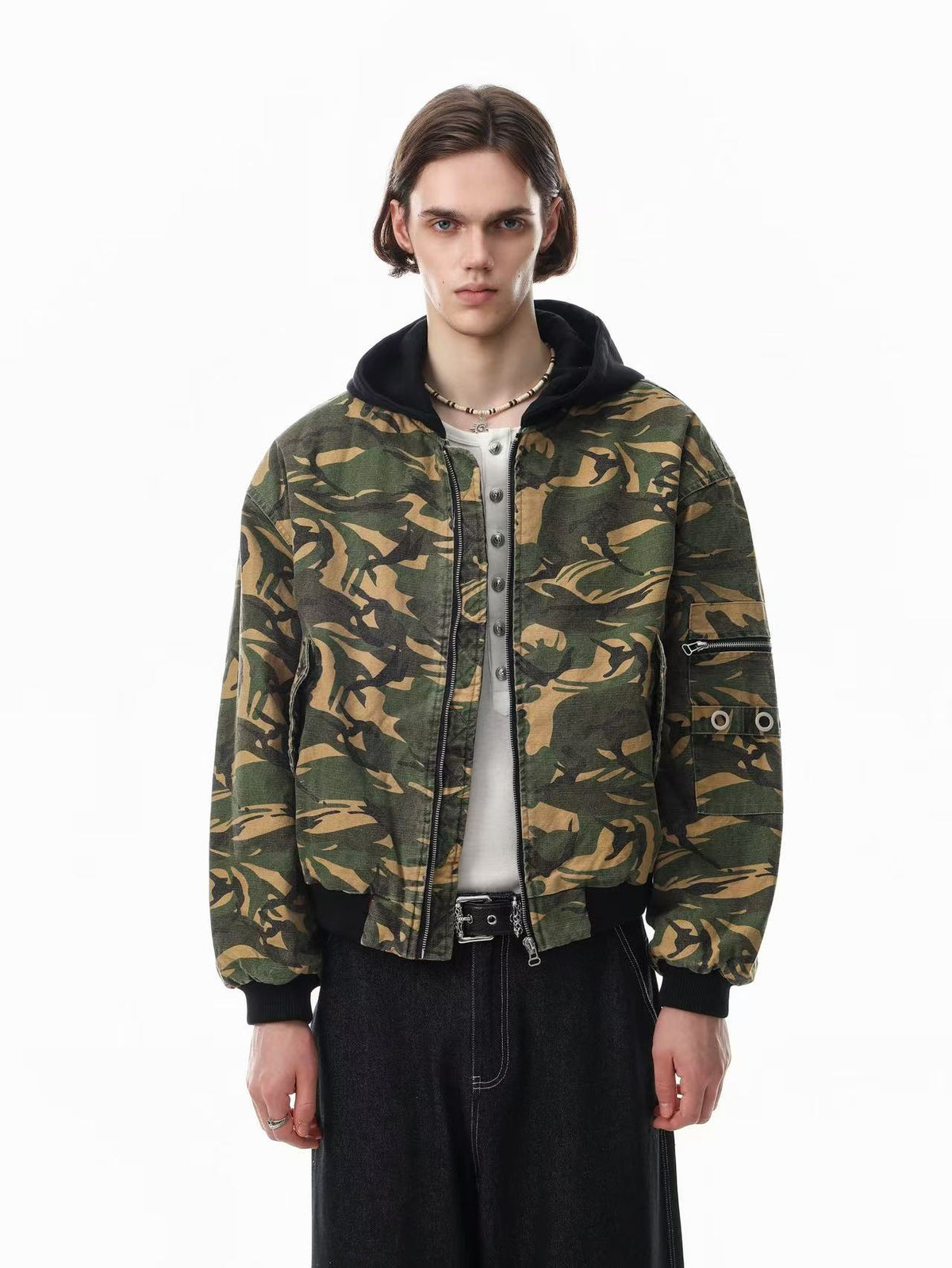 Vintage Camo Detachable Hood Bomber Jacket Zip‑Up Cargo Pocket Flight Jacket
