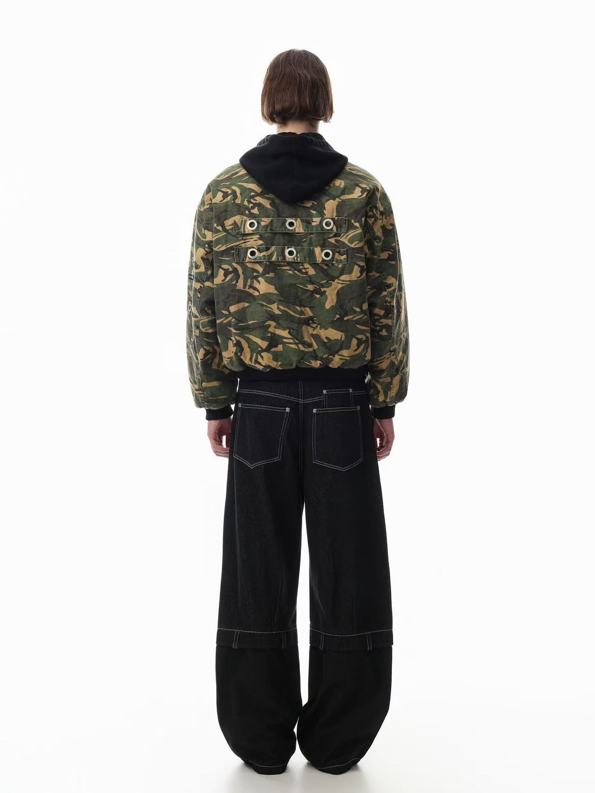 Vintage Camo Detachable Hood Bomber Jacket Zip‑Up Cargo Pocket Flight Jacket