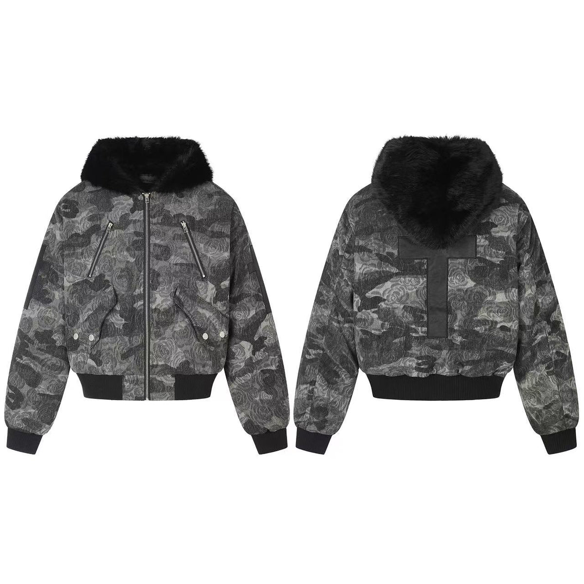 Vintage Rose Camo Faux Fur Hood Bomber Jacket