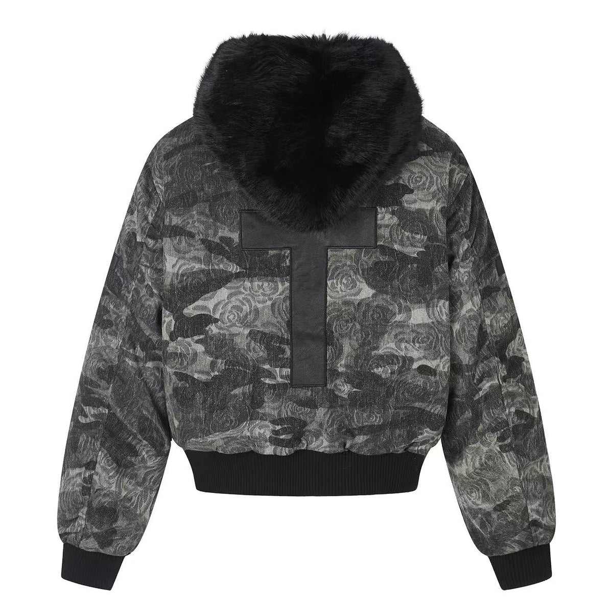 Vintage Rose Camo Faux Fur Hood Bomber Jacket
