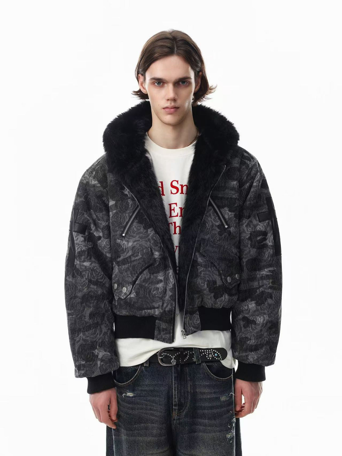 Vintage Rose Camo Faux Fur Hood Bomber Jacket