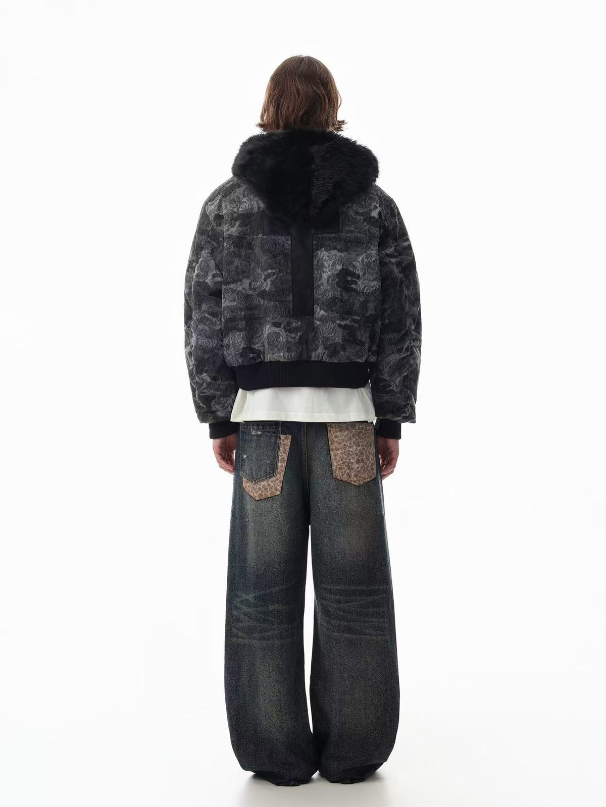 Vintage Rose Camo Faux Fur Hood Bomber Jacket